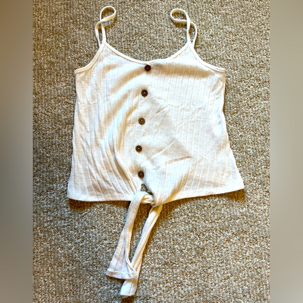 White button up, tie bottom ribbed crop top